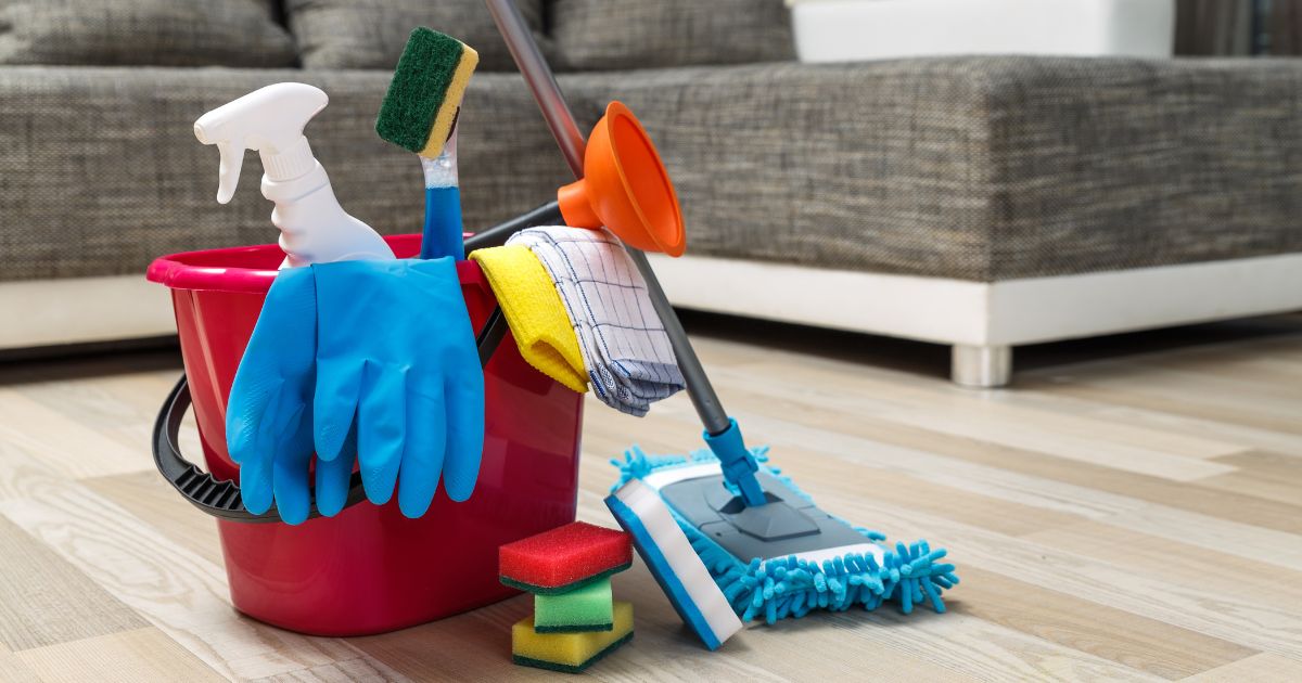 Bucket of cleaning supplies