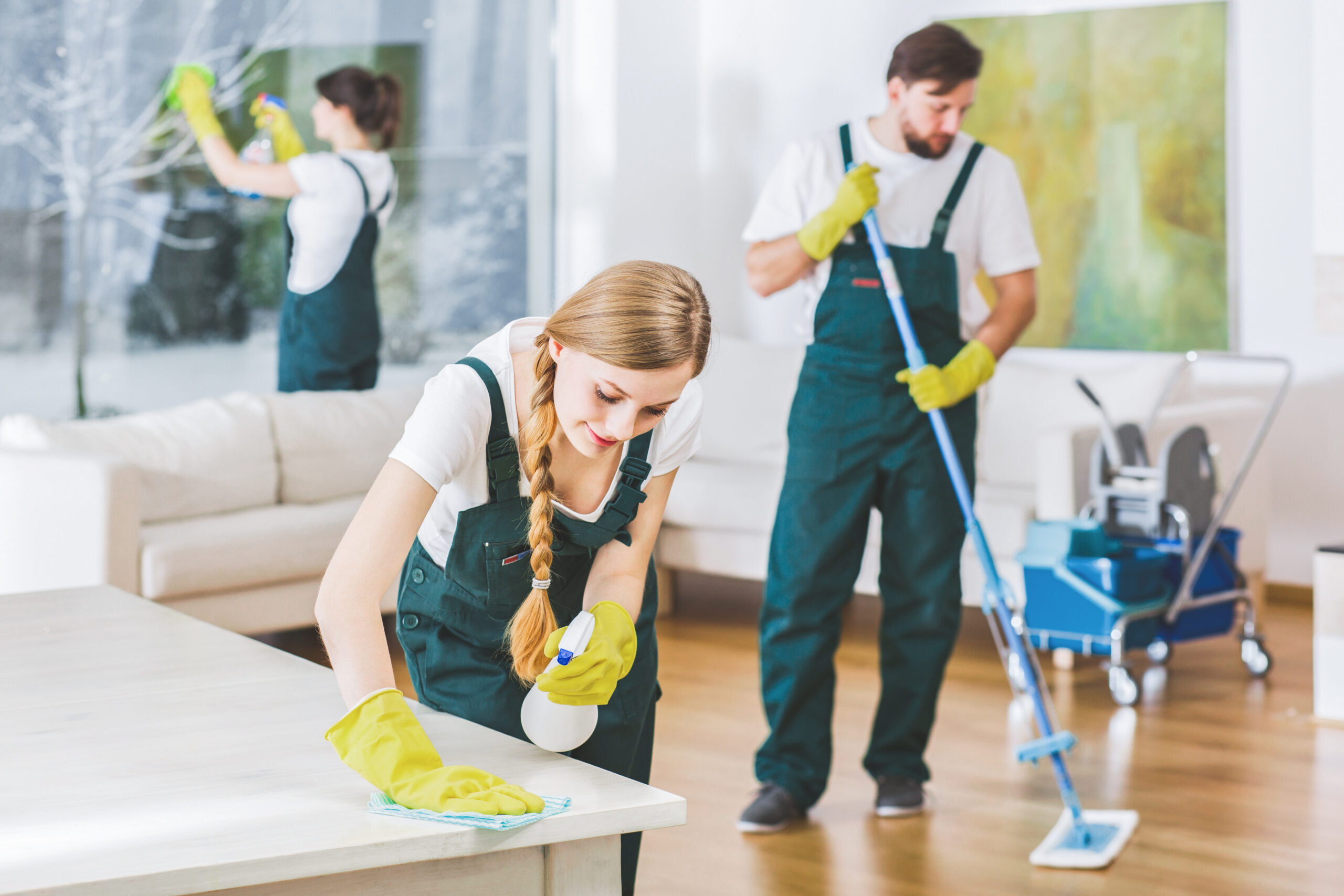 Home cleaning service employees with professional equipment cleaning